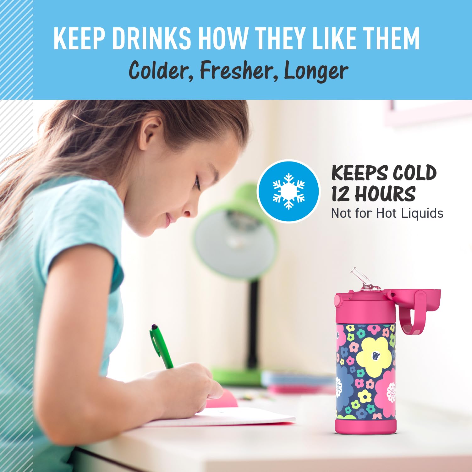 THERMOS FunTAINER - Bottiglia di paglia per bambini, isolata sottovuoto in acciaio inox, 340 ml, colore: Mod Flowers
