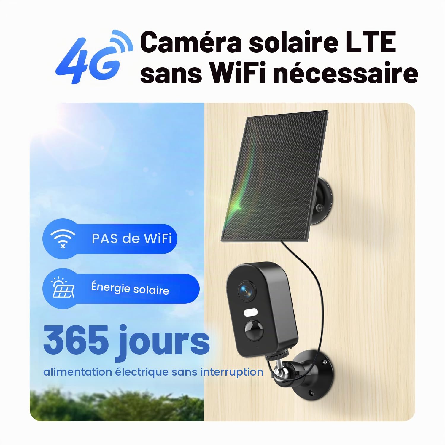 KKB Caméra Solaire 4G LTE sans WiFi avec vSIM Intégrée, Caméra Extérieure 2K avec Panneau Solaire 3W, Batterie 5200mAh, Vision Nocturne Couleur, Audio Bidirectionnel, IP65 Étanche