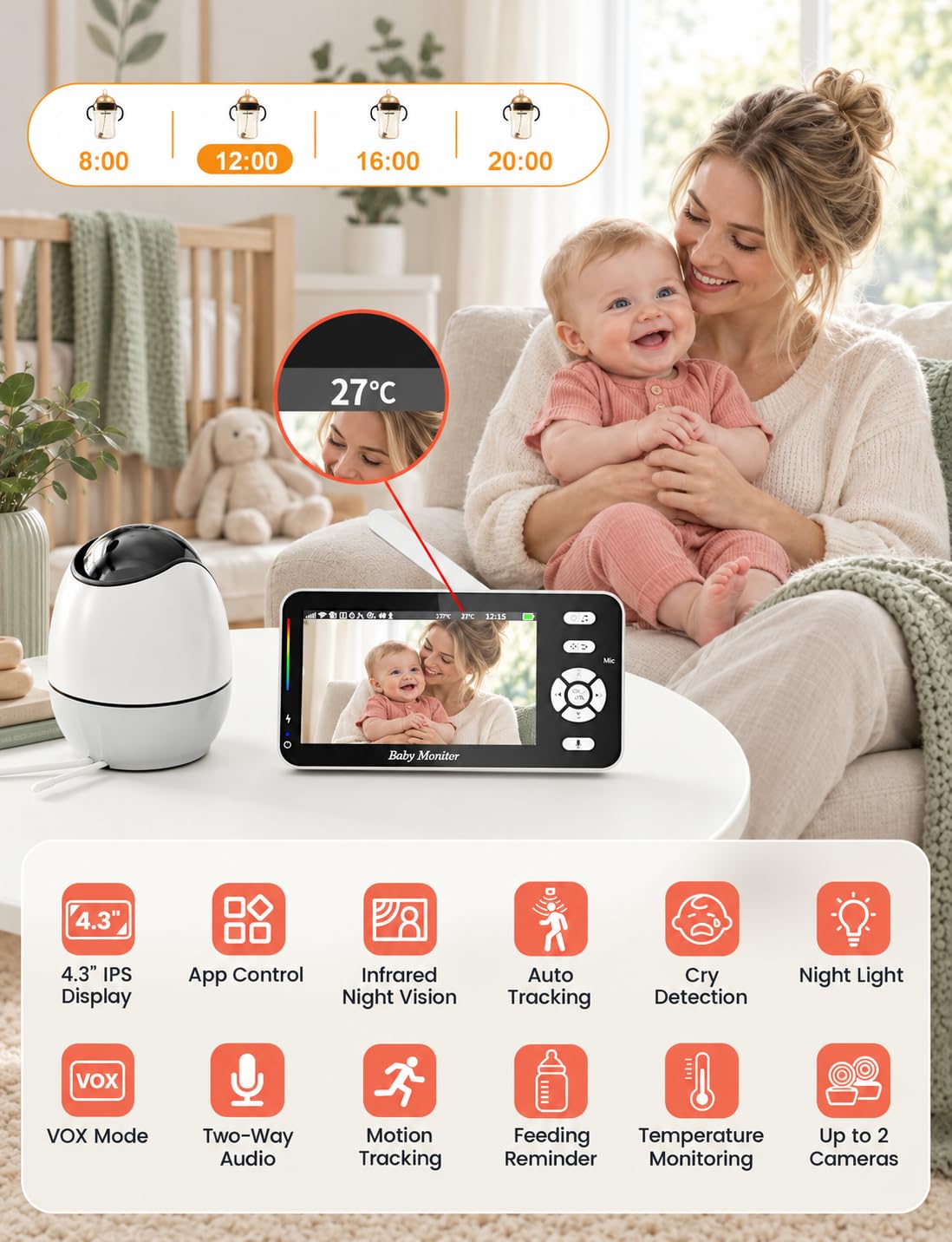 OBVHNUA Baby Monitor 3500mAh WiFi 4,3'' IPS con Telecamera, App, VOX