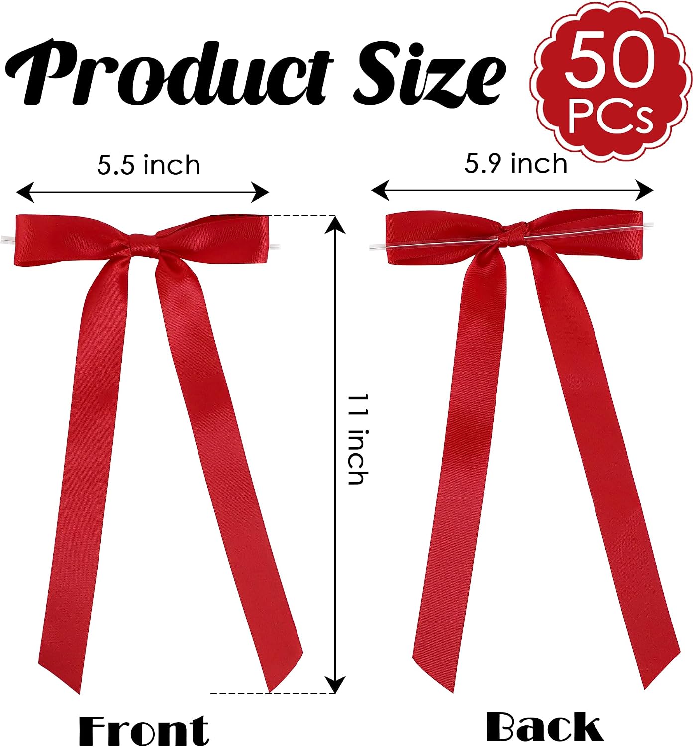 5.5" x 11" Twist Tie Red Satin Ribbon Gift Wrap Bows 50 Counts