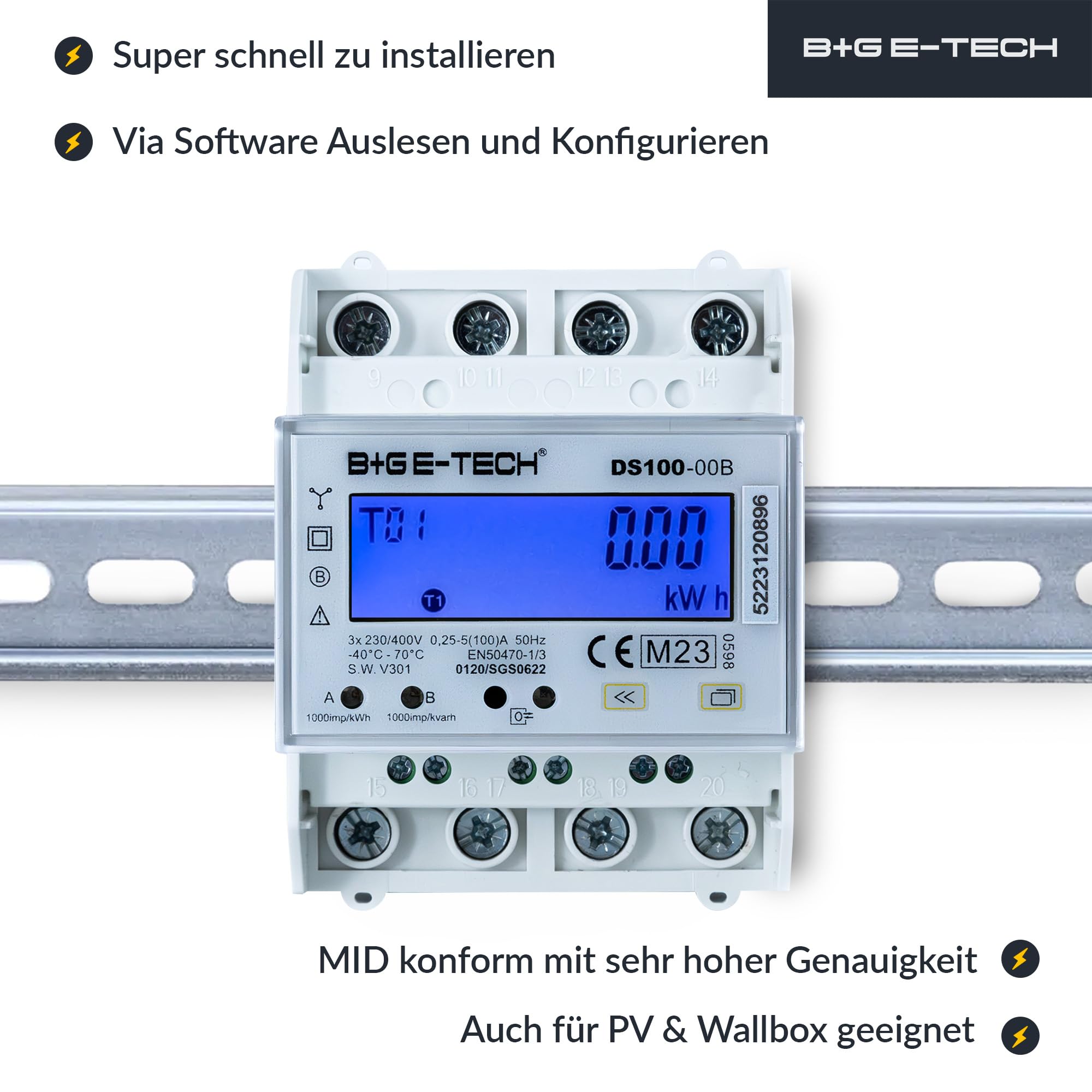 Drehstromzähler DS100-00B-R MID 23 digitaler 3 Phasen Zweirichtungs Stromzähler 100A direkt RS485 Modbus RTU Hutschiene 4TE LCD