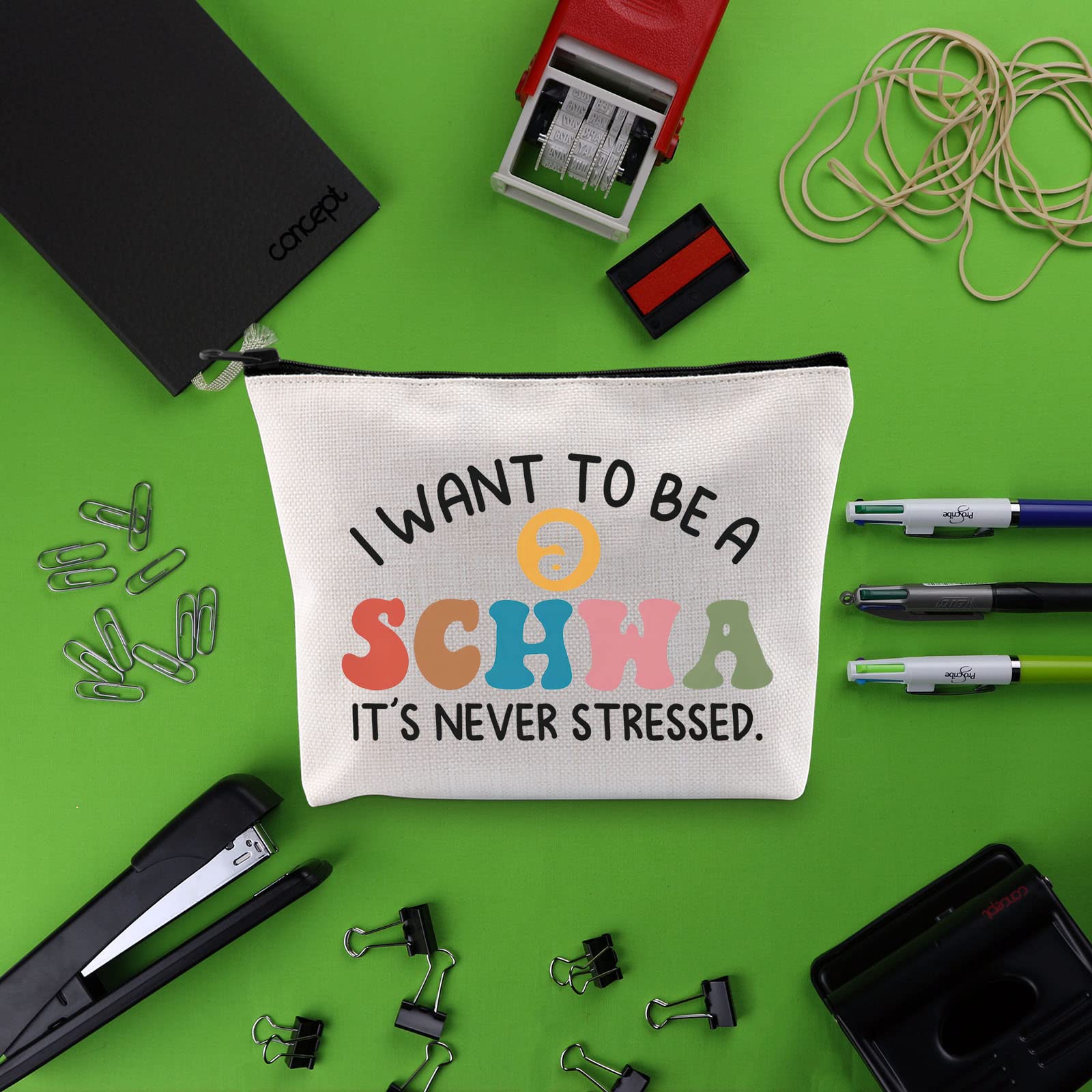 BLUPARK Bolsa de maquillaje para profesor, regalo para profesor, bolsa de lectura, regalo para profesor, especialista en lectura, regalo SLP para terapeuta del habla, Blanco apagado, Bolsa Schwa