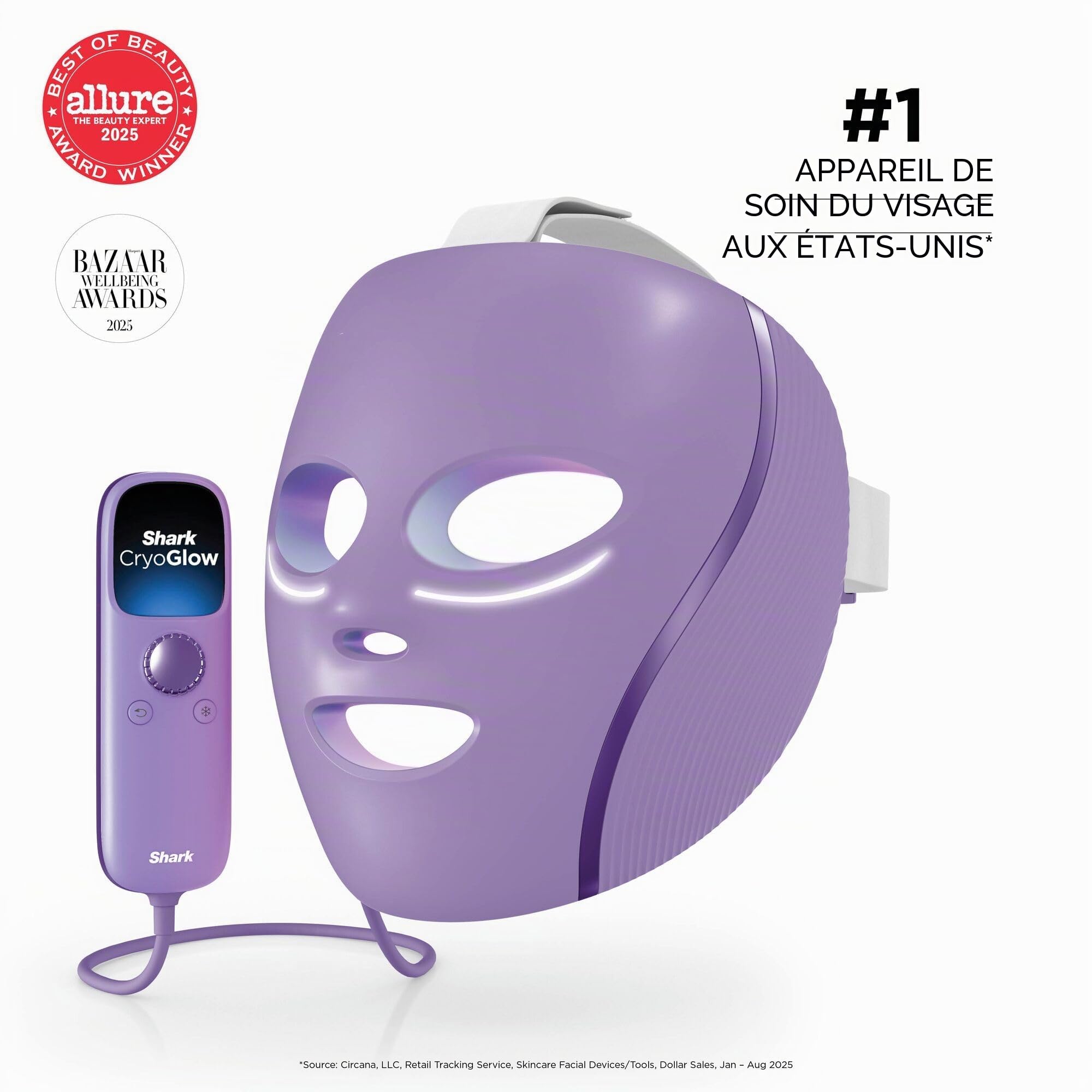 Shark CryoGlow Masque facial à LED avec refroidissement sous les yeux, anti-âge et réparation des imperfections, LED rouge et bleue, thérapie par lumière infrarouge, USB-C, télécommande, sac de