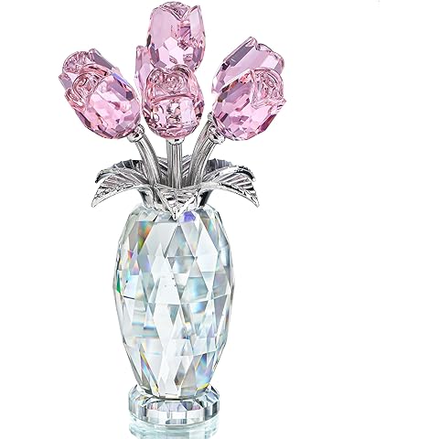 H&D HYALINE & DORA Pink Crystal Rose Bouquet Figurine,Handmade Rose Flower Gifts for Mom Gifts for Women,Glass Flower Collectible Ornament Home Table Wedding Decor