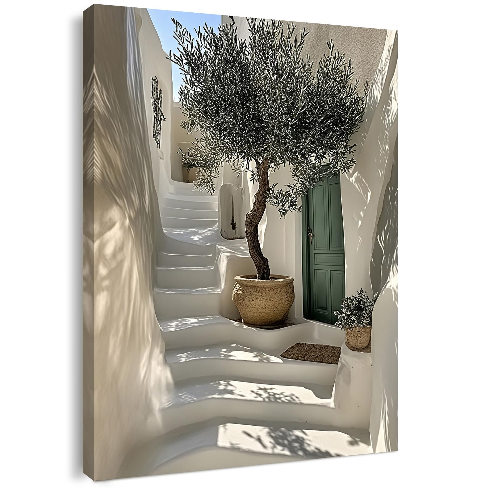 Canvas Wall Art Framed โ Mediterranean Olive Tree on White Steps Artwork, Greek Island Style Wall Decor for Living Room, Bedroom, Hallway or Entryway Home Decoration, with Hooks and Nails, 12x16 Inch โ image 1