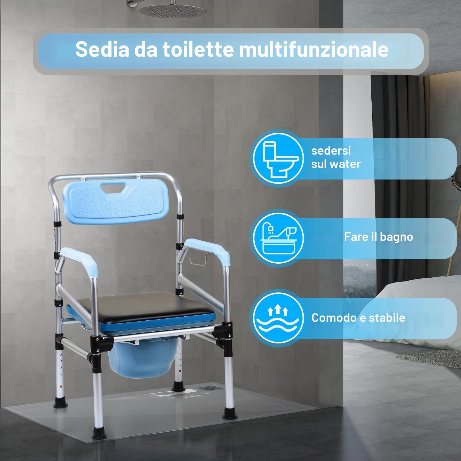 Ikodm Sedia per WC regolabile in altezza, antiscivolo, con seduta imbottita e secchio per WC, portata fino a 160 kg, per anziani e disabili, ecc
