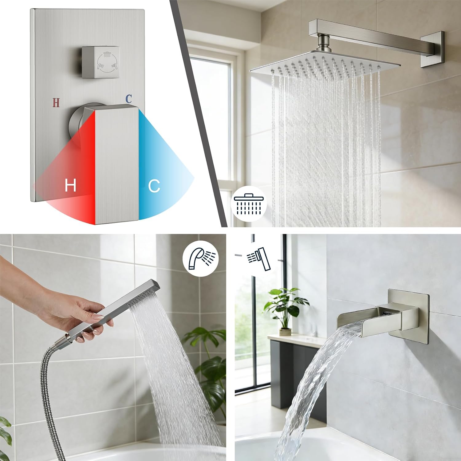 Midanya Rain Shower System Tub Shower Faucet Set Square Rainfall Waterfall Shower Head with Handheld Sprayer Tub Spout Combo Wall Mounted bathtub faucet set Rough-in Valve, 12 Inch Brushed Nickel