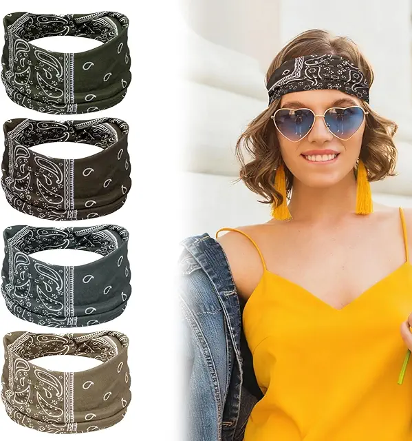Brown Vintage Headbands for Women - 4 Pack Non-Slip Elastic Bandanas