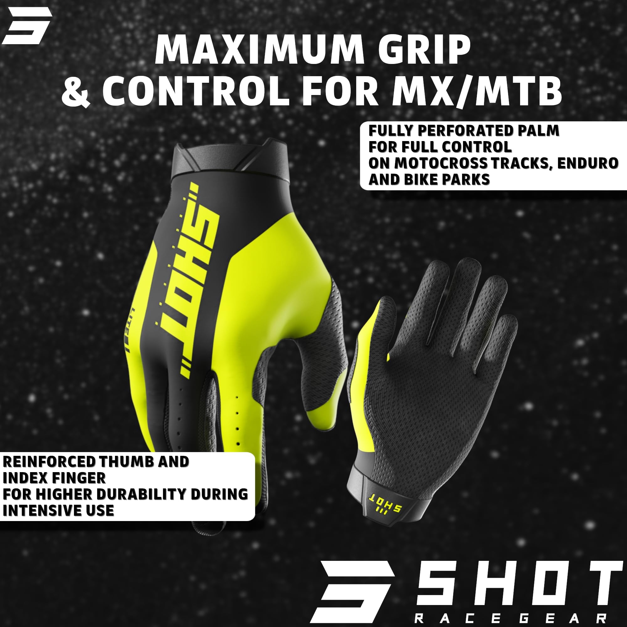 Shot Race Gear Guanti da motocross da uomo, per enduro e downhill MX/MTB, ideali per cross e bici, in materiale traspirante, polsino elastico in neoprene senza