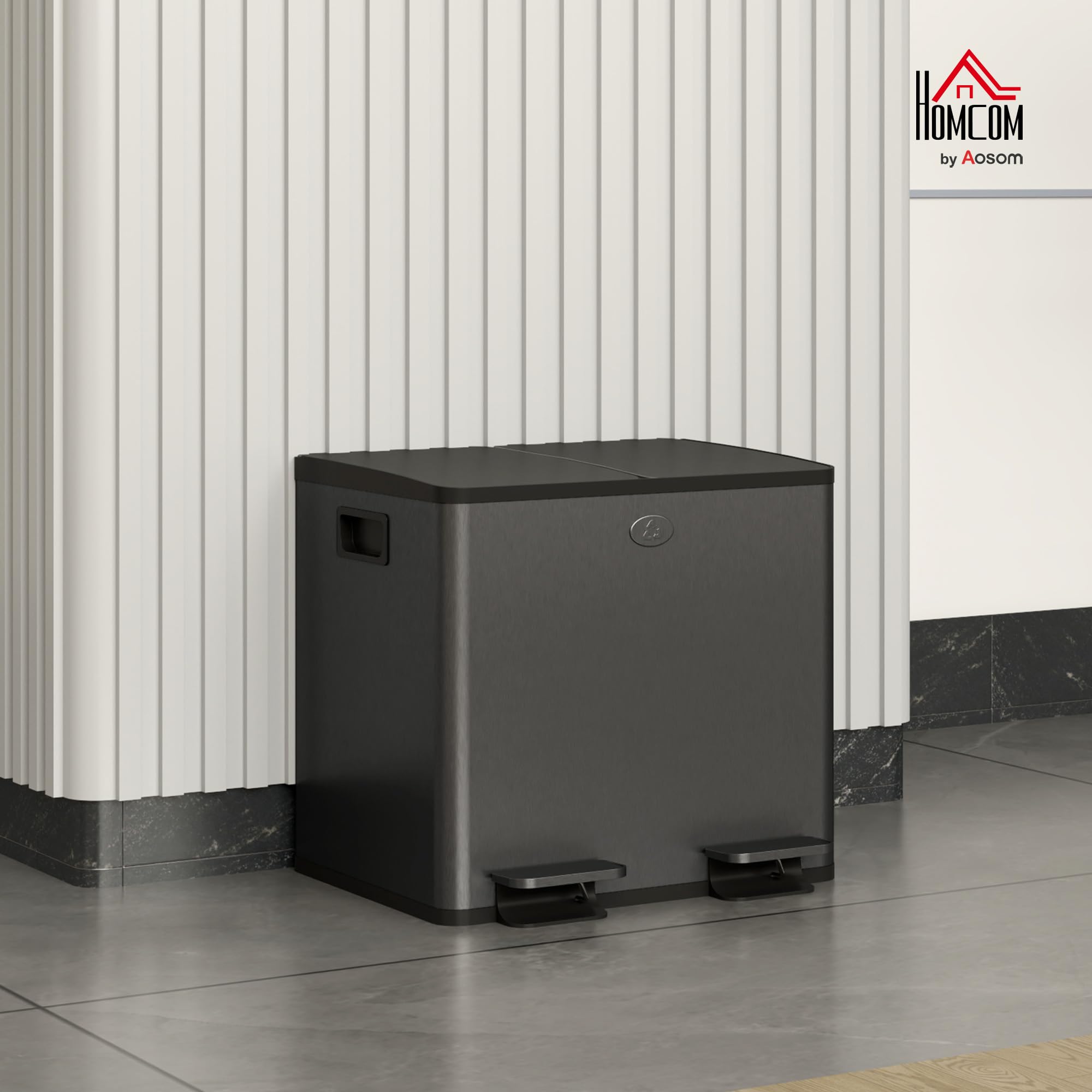 HOMCOM Cubo doble de cocina 2x15L, acero inoxidable, tapa suave, Negro | Cubo de basura doble, cubos interiores extraíbles, resistente a huellas, para reciclaje y residuos