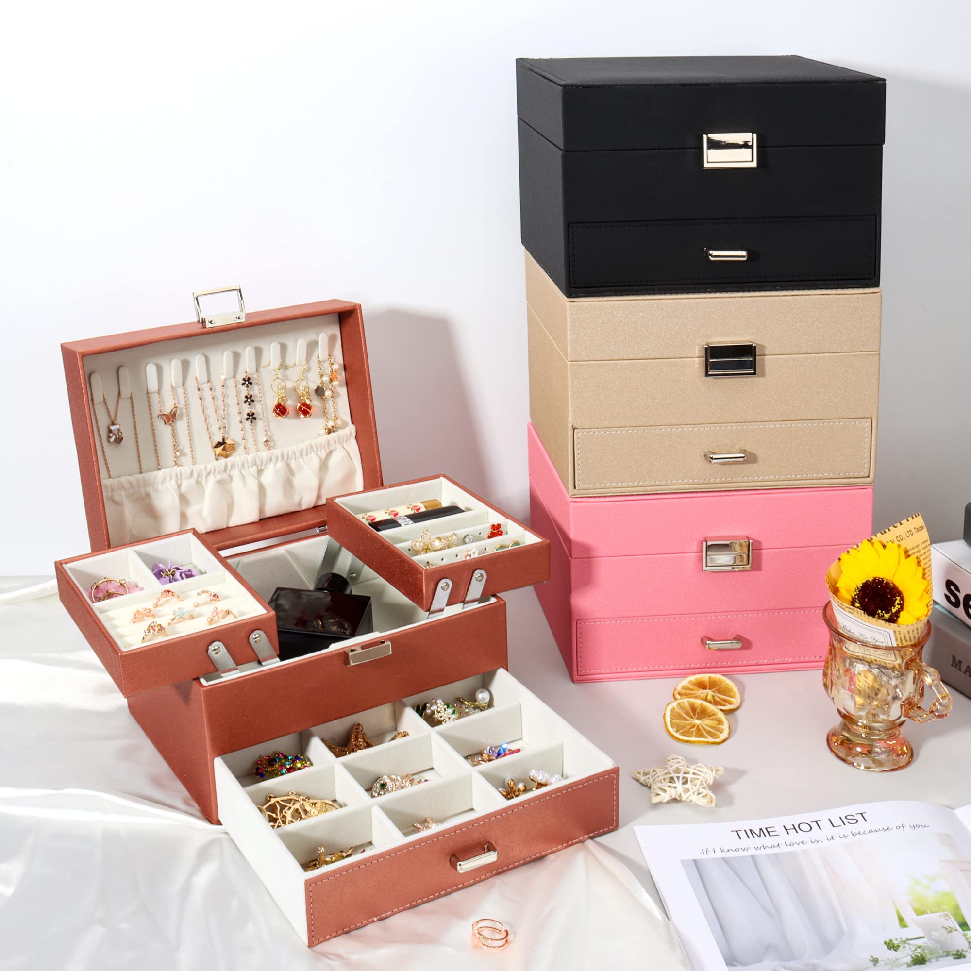 Schmuckkasten, Schmuckkästchen mit Schubladen für Damen Mädchen, PU-Leder Jewelry Box Schmuckbox Schmuckschatulle Groß Schmuckaufbewahrung für Ringe Ohrringe Armbänder Halsketten, Roségold
