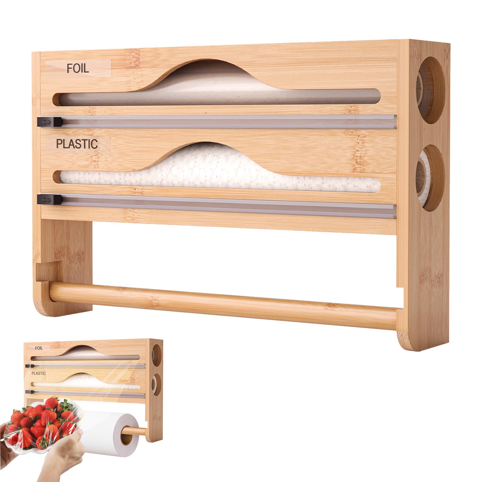 Dispensador de papel de aluminio 3 en 1 de madera con soporte para rollos de cocina, dispensador de papel film transparente de bambú, soporte para rollos de pared, dispensador de láminas adhesivas