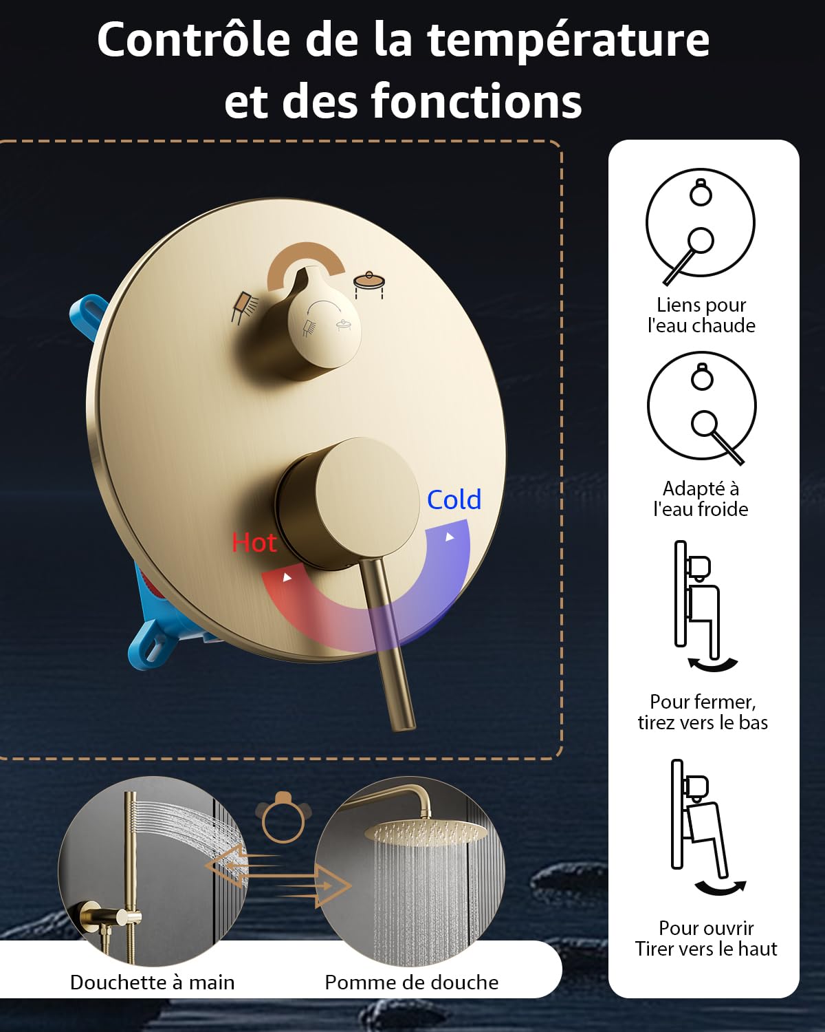 Colonne de Douche Encastrable Or Brossé, Ensemble de Douche avec Mitigeur