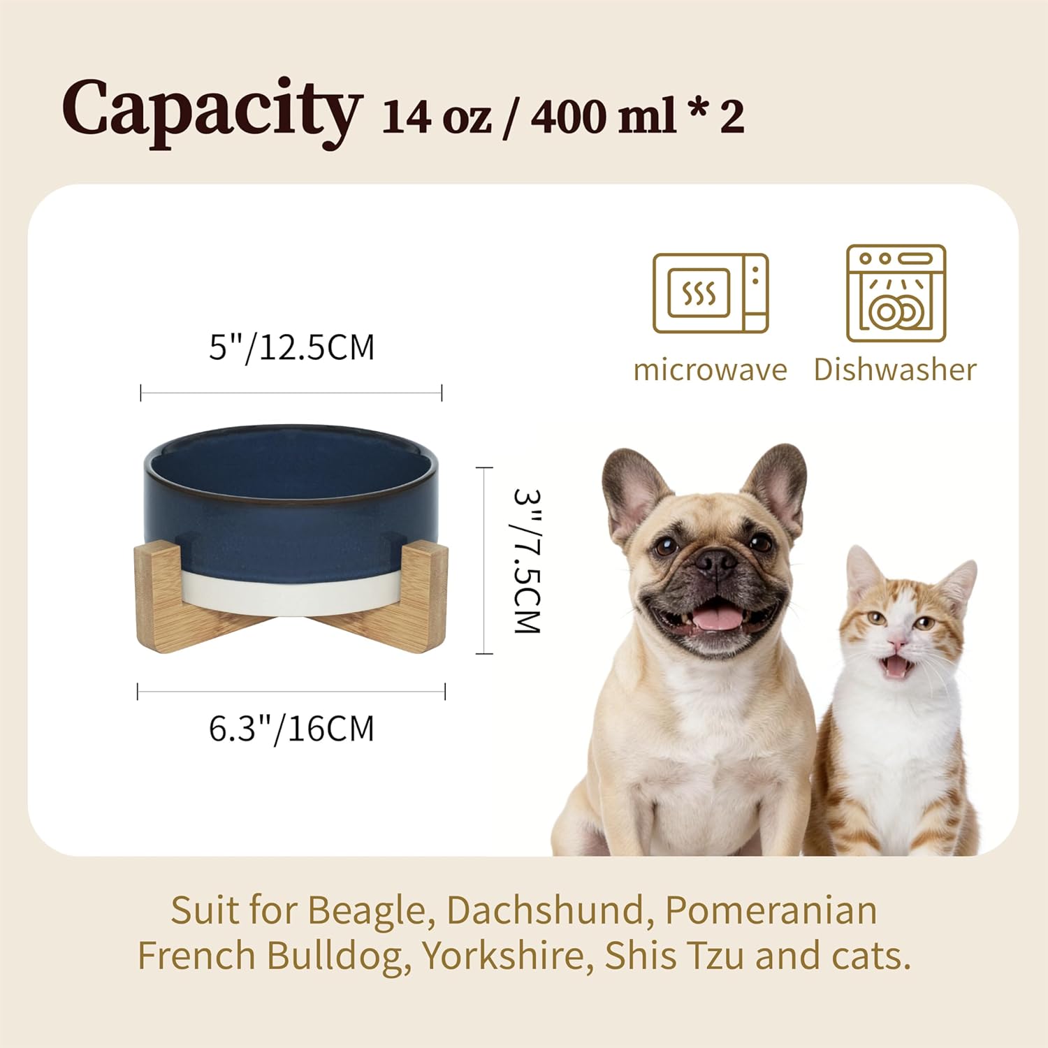 Elevated Ceramic Cat and Dog Double Bowl Set - 14 oz Lead-Free Feeder with Two Natural Bamboo Wood Stands (Blue)