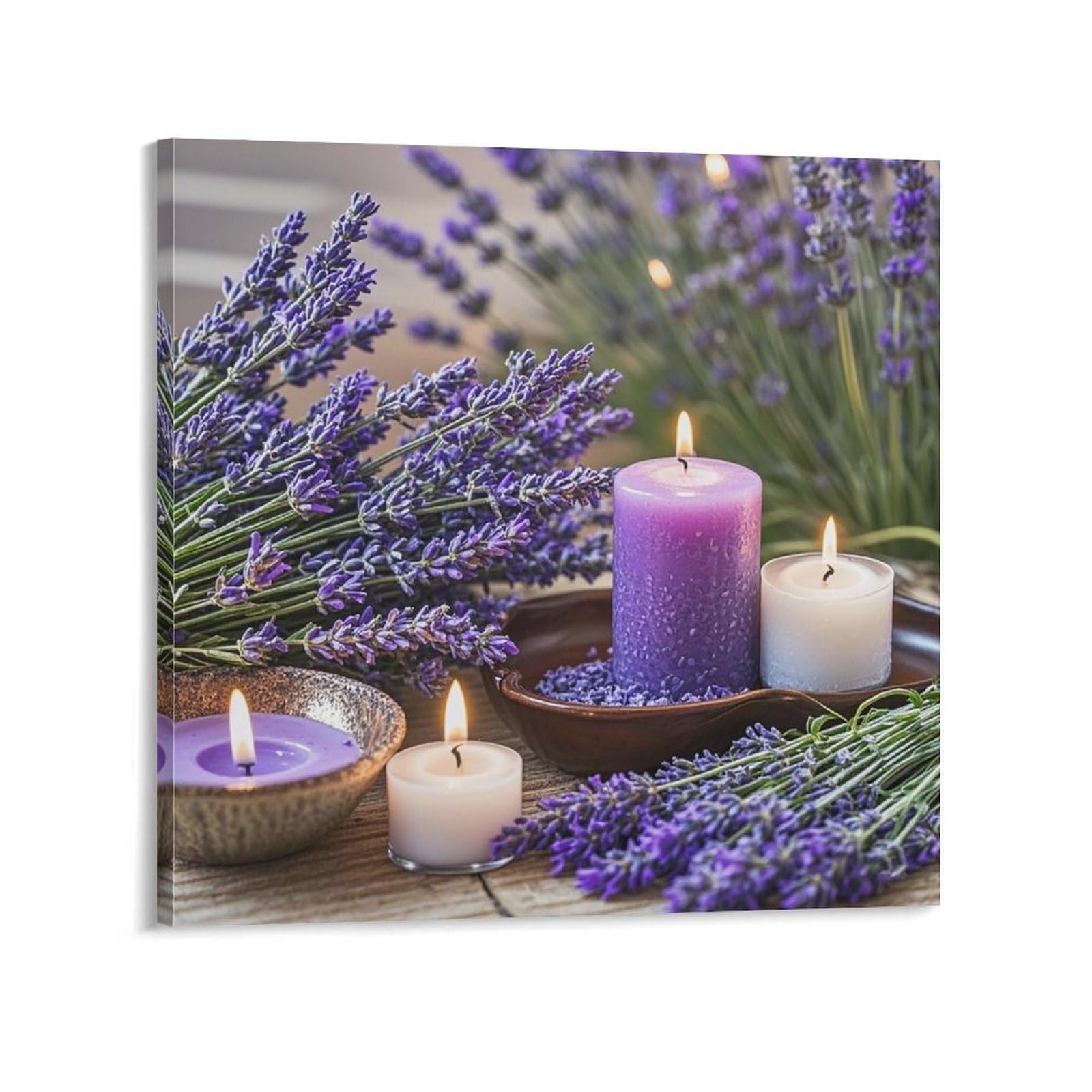 KLOPH Purple Lavender with Candles Canvas Wall Art for Living Room 08x8inch Modern Artwork Painting for Bathroom Hanging Canvas Prints Aesthetic Wallart for Bedroom Kitchen Office Wall Decor