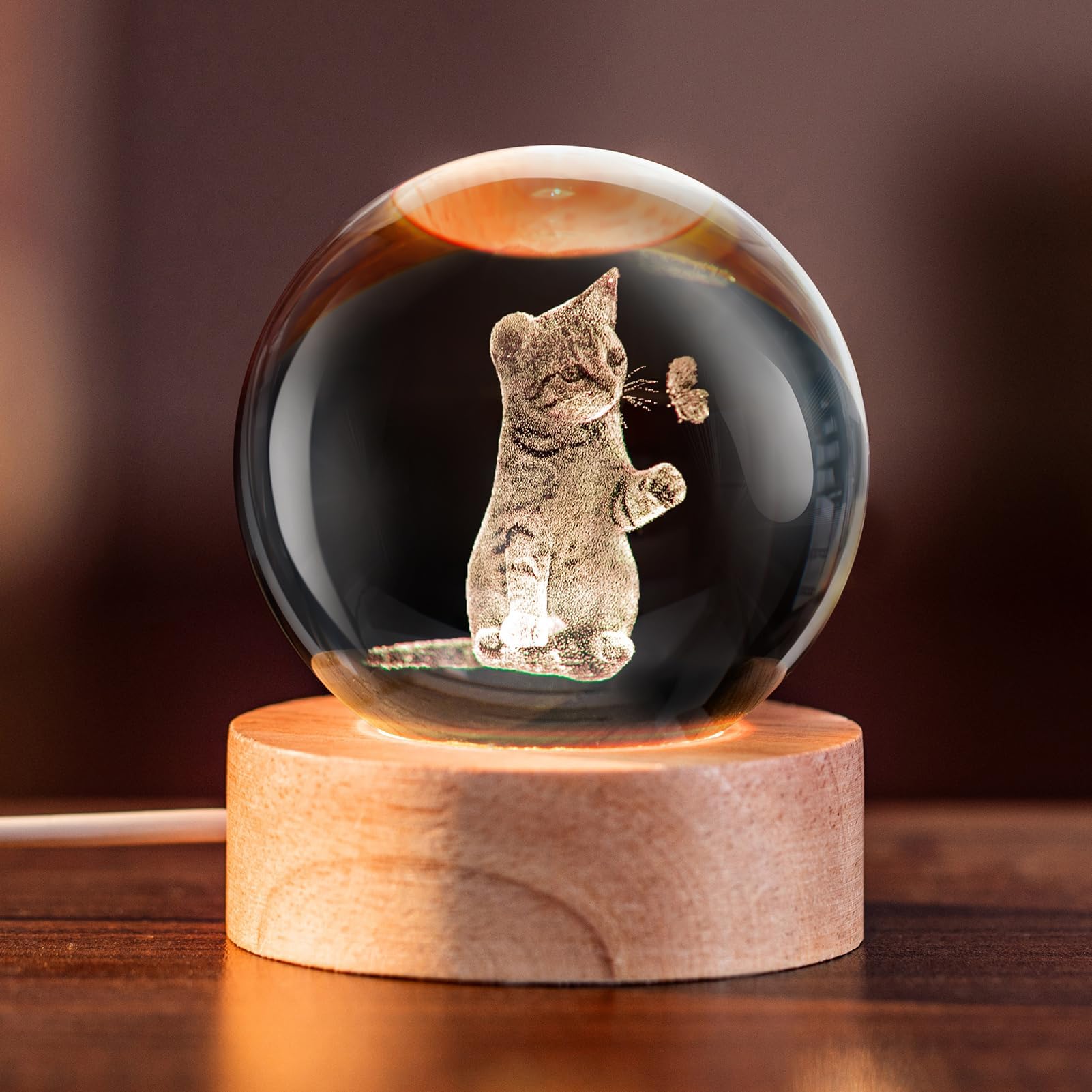 IFOLAINA 3D Cat Crystal Ball Gifts Ideas for Girlfriend Wife Mom Couple Her Cat Lovers Presents for Women Birthday Decorative Crystal Sphere Decor Lamp