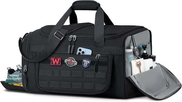 SDYSM Sac de gym 40L/55L Grand sac à bandoulière pour hommes avec compartiment de chaussures & Wet Pocket Femmes Weekender Overnight Bag avec DIY Sac de toilette imperméable à l'eau pour sport de gym, noir