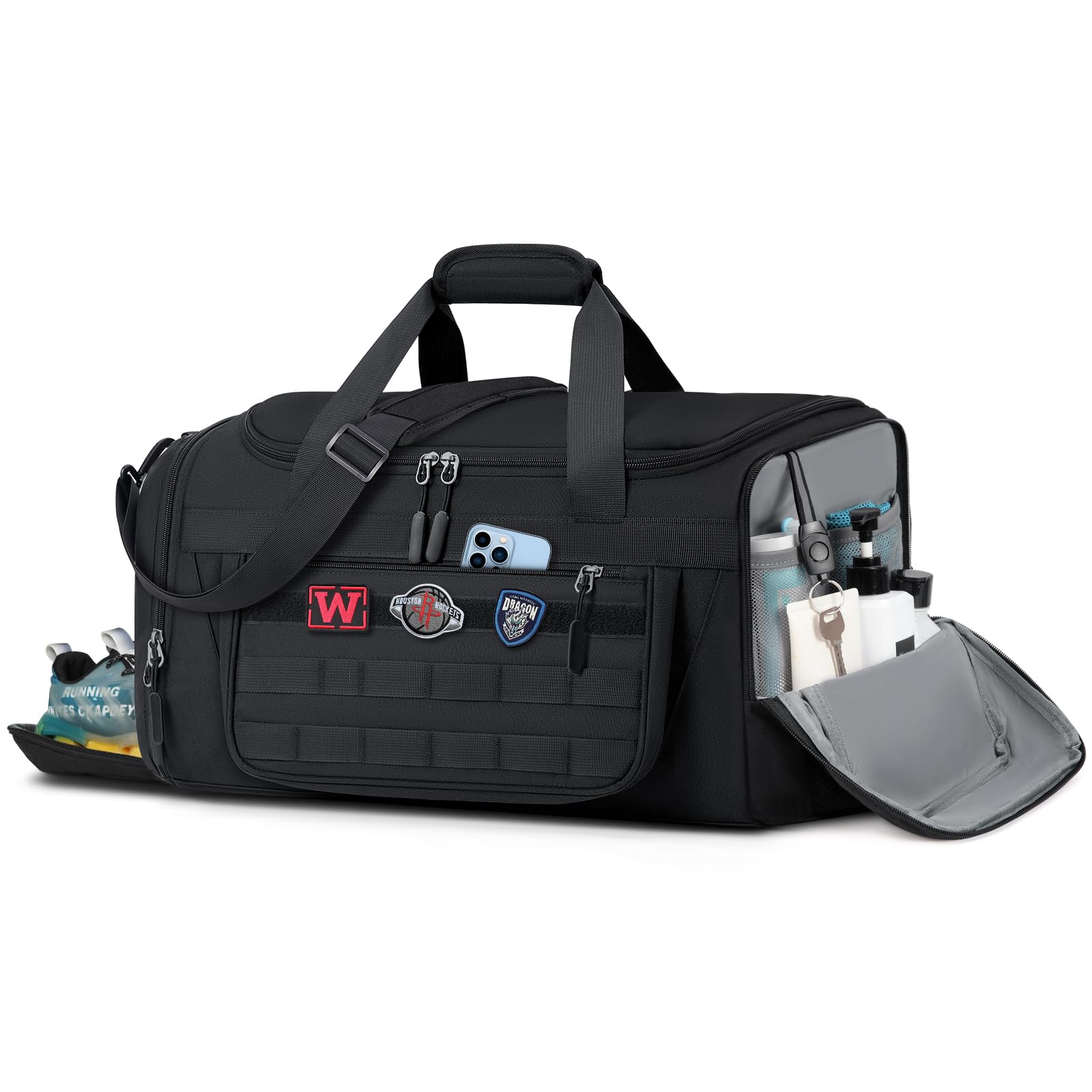 SDYSM Gym Bag 40L/55L Large Travel Duffle Bag for Men with Shoe Compartment & Wet Pocket Women Weekender Overnight Bag with DIY Strap Carry on Duffle for Gym Sports Waterproof Toiletry Bag, Black