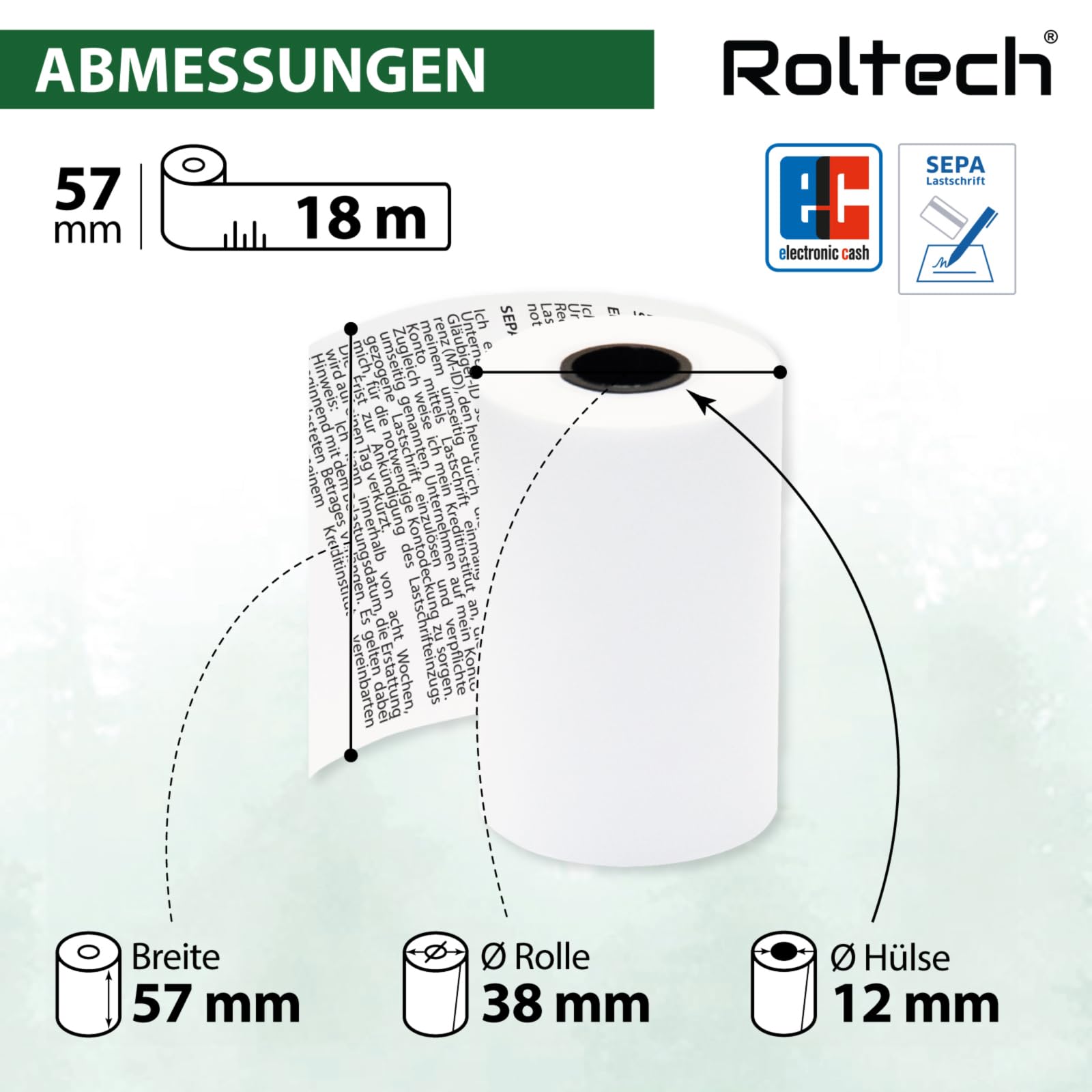 50 Thermorollen | 57mm x 18m x 12mm | mit SEPA-Lastschrifttext | für Ingenico, Verifone, CCV | EC Cash | Thermopapier | Bonrollen | Premium Qualität