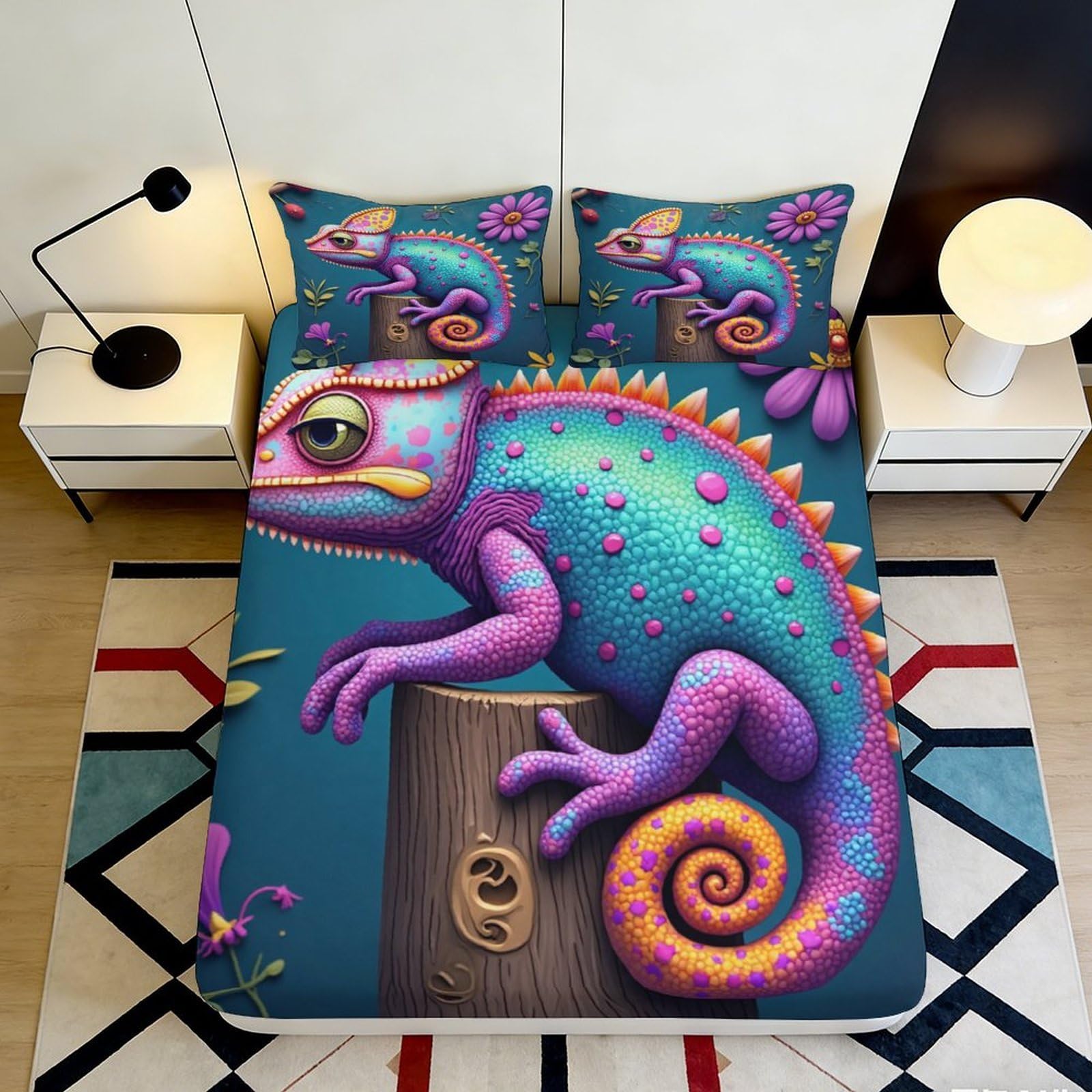 Pnayamiorkfel Style-1 3D Printed Colorful Chameleon Fitted Sheet Microfiber Soft Anti-Slip Animal Bed Cover For Bedroom Dorm Mattress Decor 90X200x25cm