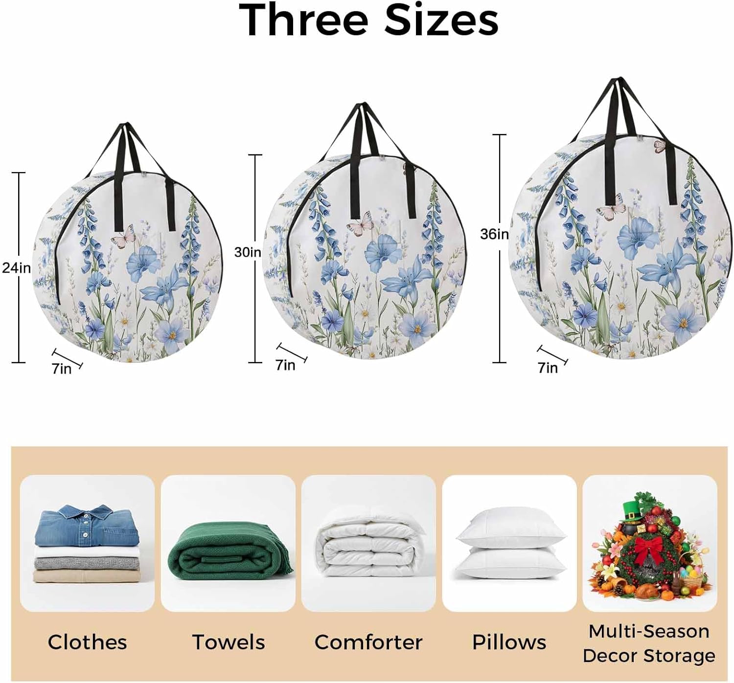 Blue Floral Round Storage Bag 36 Inch, Spring Bluebells Wildflowers Butterfly Botanical Clothes Storage Container with Handles Heavy Duty Organizer for Comforter, Bedding & Holiday Wreaths