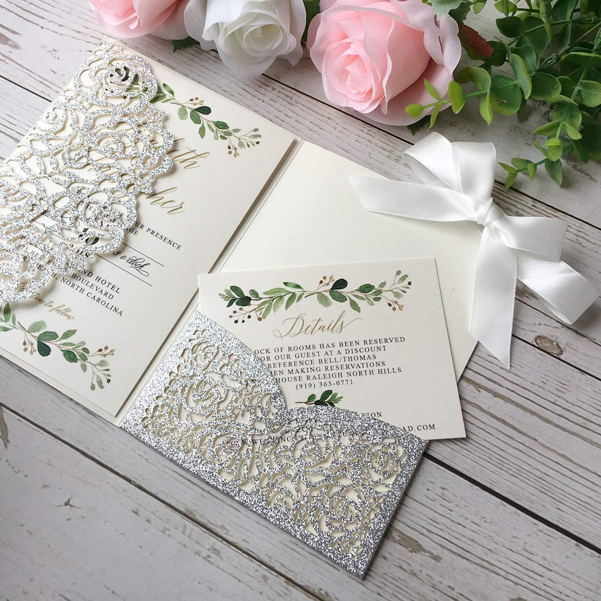 20 pezzi Invito a nozze taglio laser argento con RSVP bowknot per biglietti di fidanzamento feste e inviti matrimonio (argento glitter)