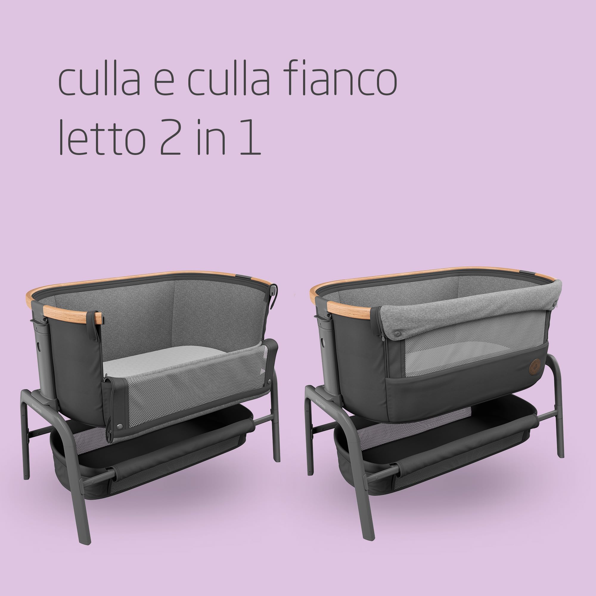 Maxi-Cosi Iora Culla Neonato, Culla Co-Sleeping 0-6 mesi, max 9 kg, Culla Fianco Letto Reclinabile in Posizione Antirigurgito, Altezza Regolabile, Materassino Culla, Ampio Cestello, Essential Graphite