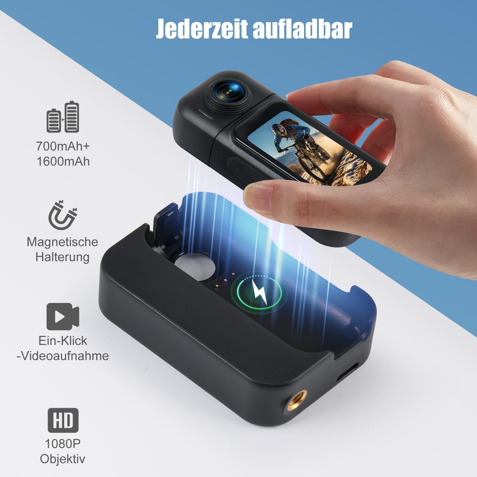 Action Cam Mit Touchscreen, 8-Stunden-Akku, Mini POV Bodycam, Wasserdicht 30M, 120° Weitwinkel, WLAN + 64 GB Karte & 10+ Zubehör für Radfahren, Reisen, Haustiere und Sport