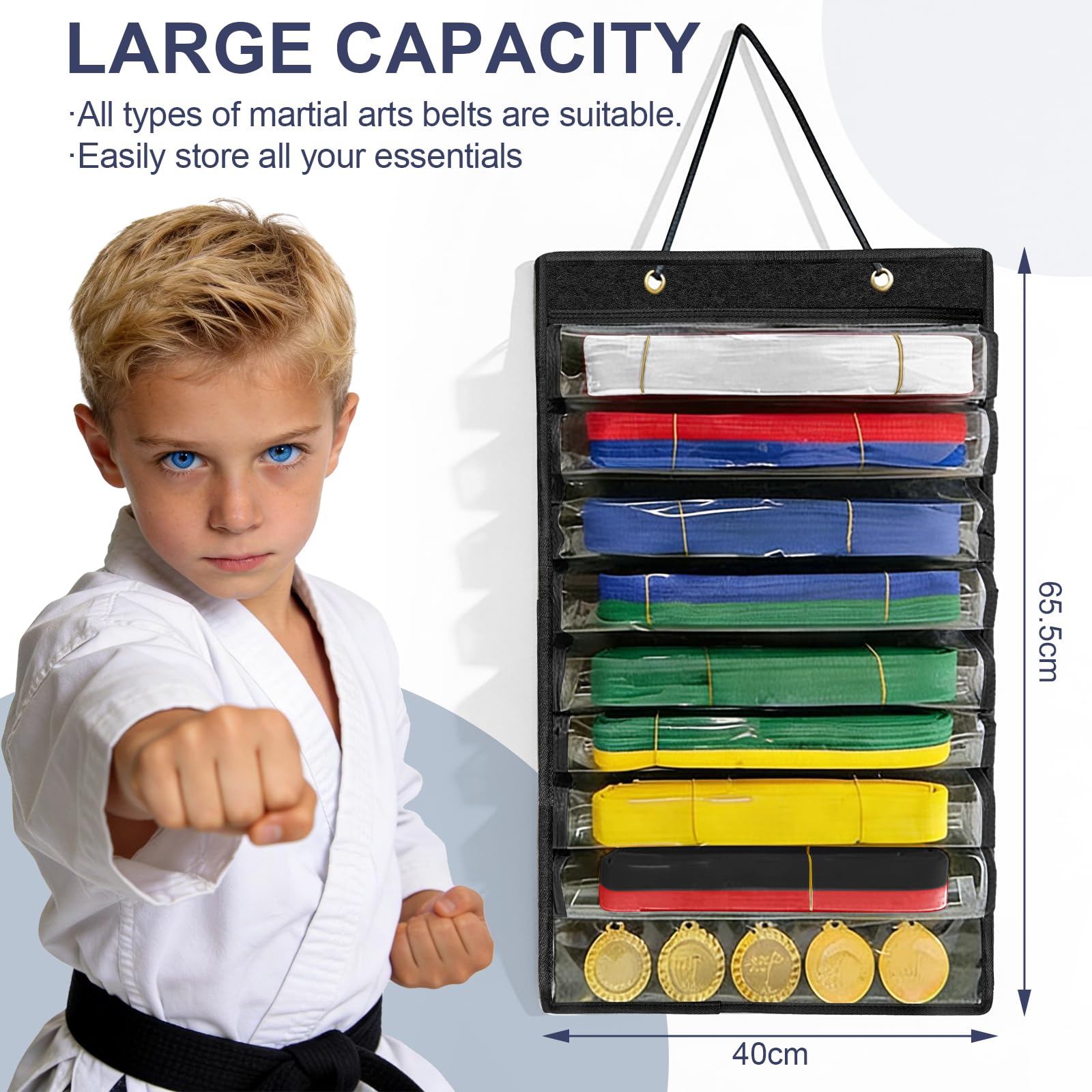 Gürtel Aufbewahrung Taekwondo mit 8 Fächern, Gürtel Organizer Kampfsport, Kickboxen Gürtelhalter Hängeorganizer, Judo Ninjutsu Karate Zubehör Capacidad para 8 Cinturones y 5 Medallas(Negro)