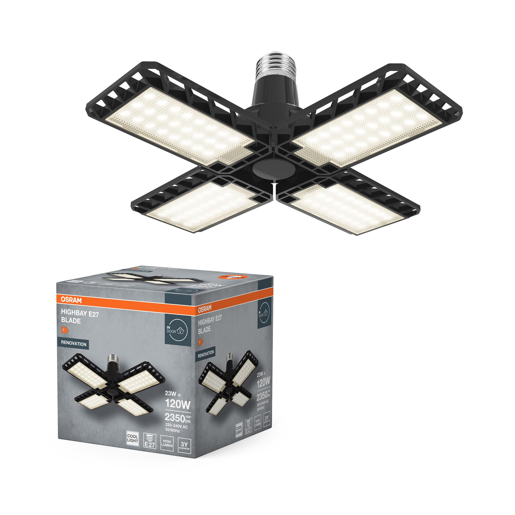 OSRAM Highbay Blade Deckenlampe in Schwarz, Kunststoff, mit verstellbaren Lichtflügeln, bietet 23 W bzw. 2350 lm in Neutralweiß mit 4000 K, E27 Schraubgewinde, 231 mm Durchmesser, IP20