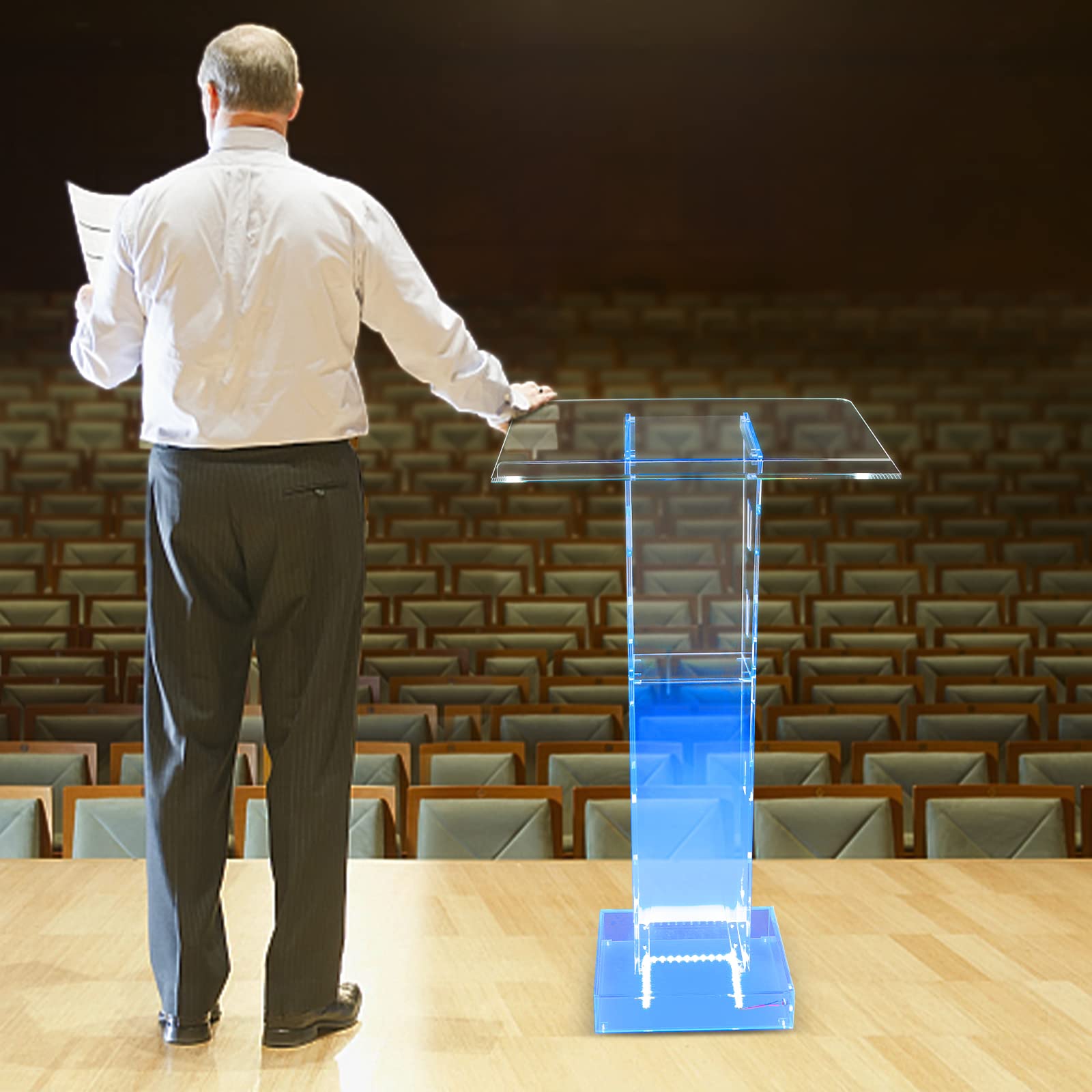 Lucite Podium en Acrylique Transparent Chaire D'église Podium Transparent Table de Conférence Podium en Acrylique avec Lumière LED Bleue,Convient pour église, école, Ambassade, Scène