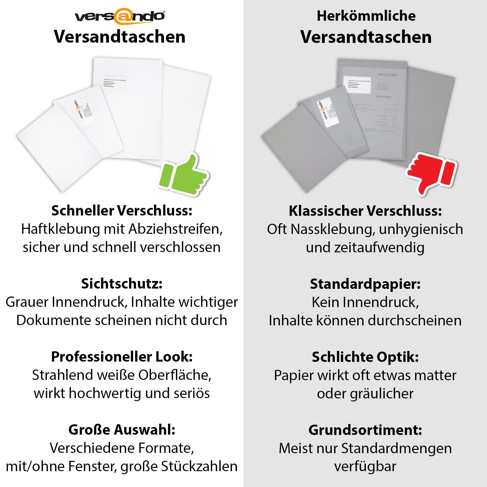 versando 500x Versandtaschen C5 ohne Fenster Haftklebend 162x229mm weiß: Briefumschläge für Büro, wichtige Unterlagen, blickdicht, einfach verschließbar