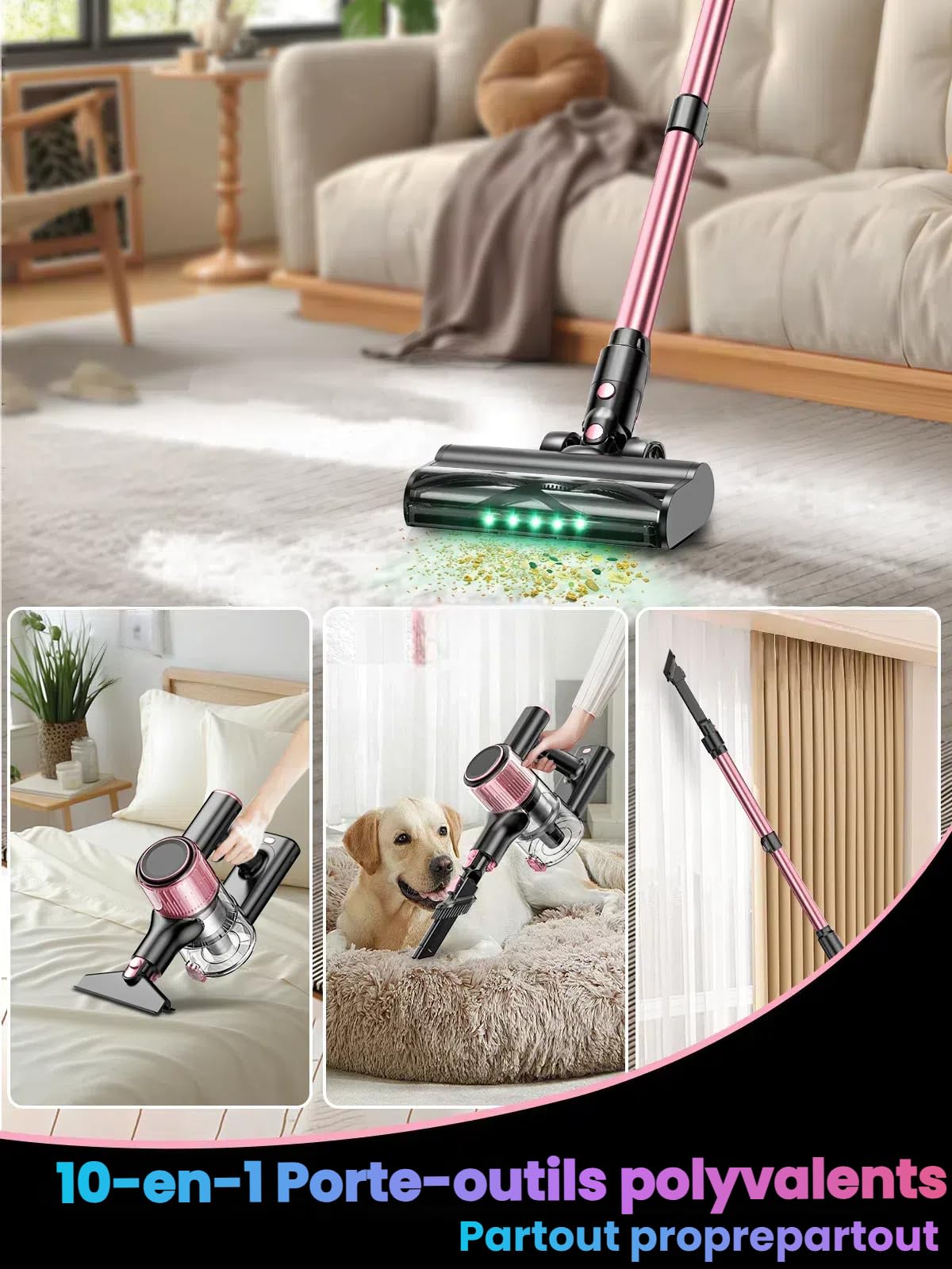 Aspirateur Balai sans Fil 52KPa/500W/45Mins, Écran LED, Tuyau Extensible, Brosse Anti-Enchevêtrement, Filtration 5 Niveaux, Idéal pour Sols Durs, Tapis, Poils d'animaux et Voiture - Rose