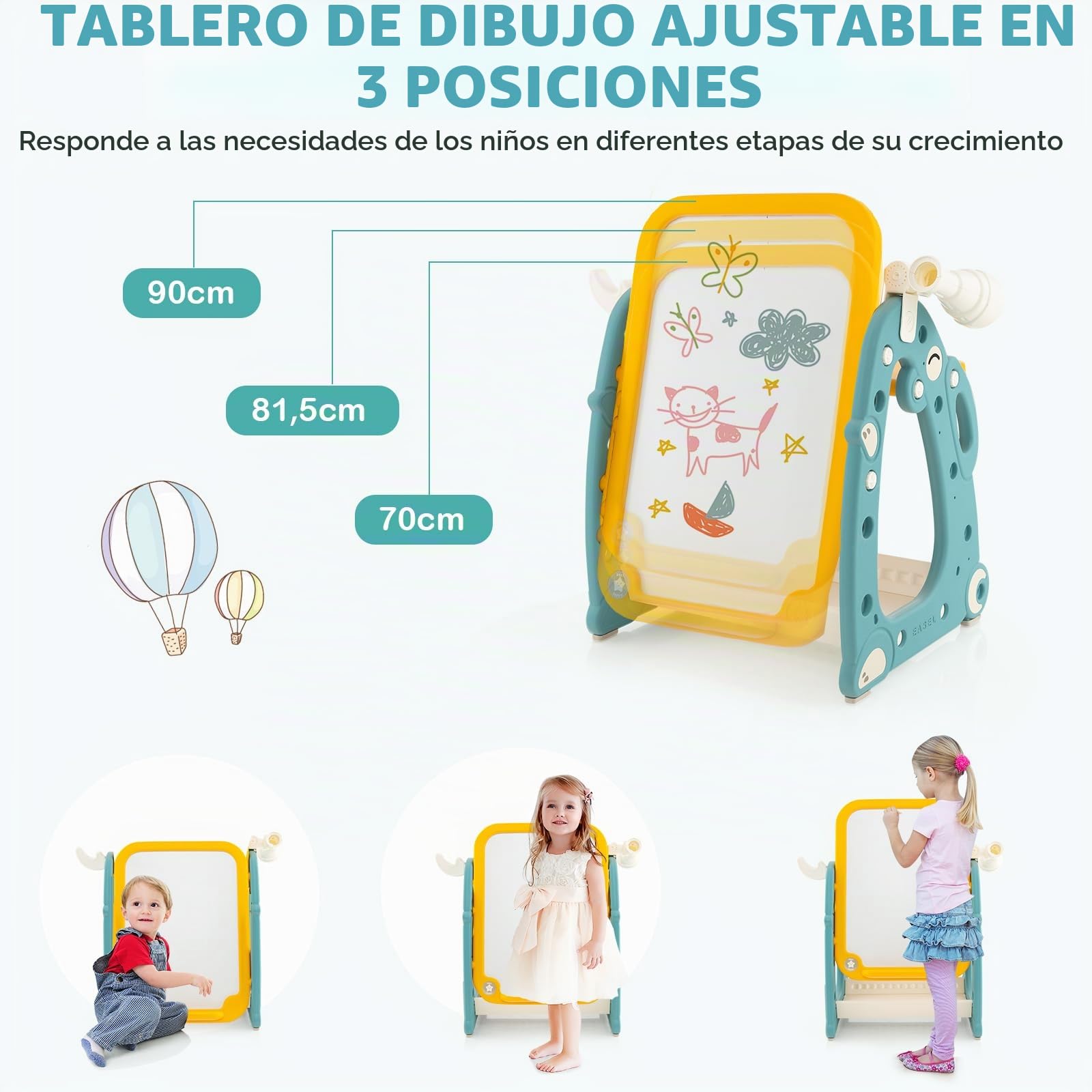 GOPLUS Juego de Mesa y Silla Infantil 4 en 1, Caballete Infantil con Pizarra Blanca Ajustable de 3 Niveles, Telescopio, Anillos, Marcadores, Mueble Multiusos para Niños de 1-8 Años