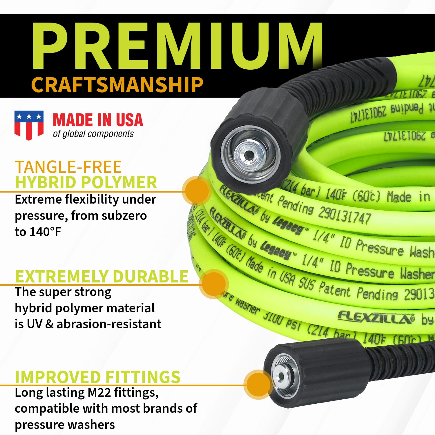 Legacy Manufacturing Flexzilla Limpiador a presión Manguera con M22 Accesorios, 1/4 in. x 50 pies., ZillaGreen – hfzpw3450 m