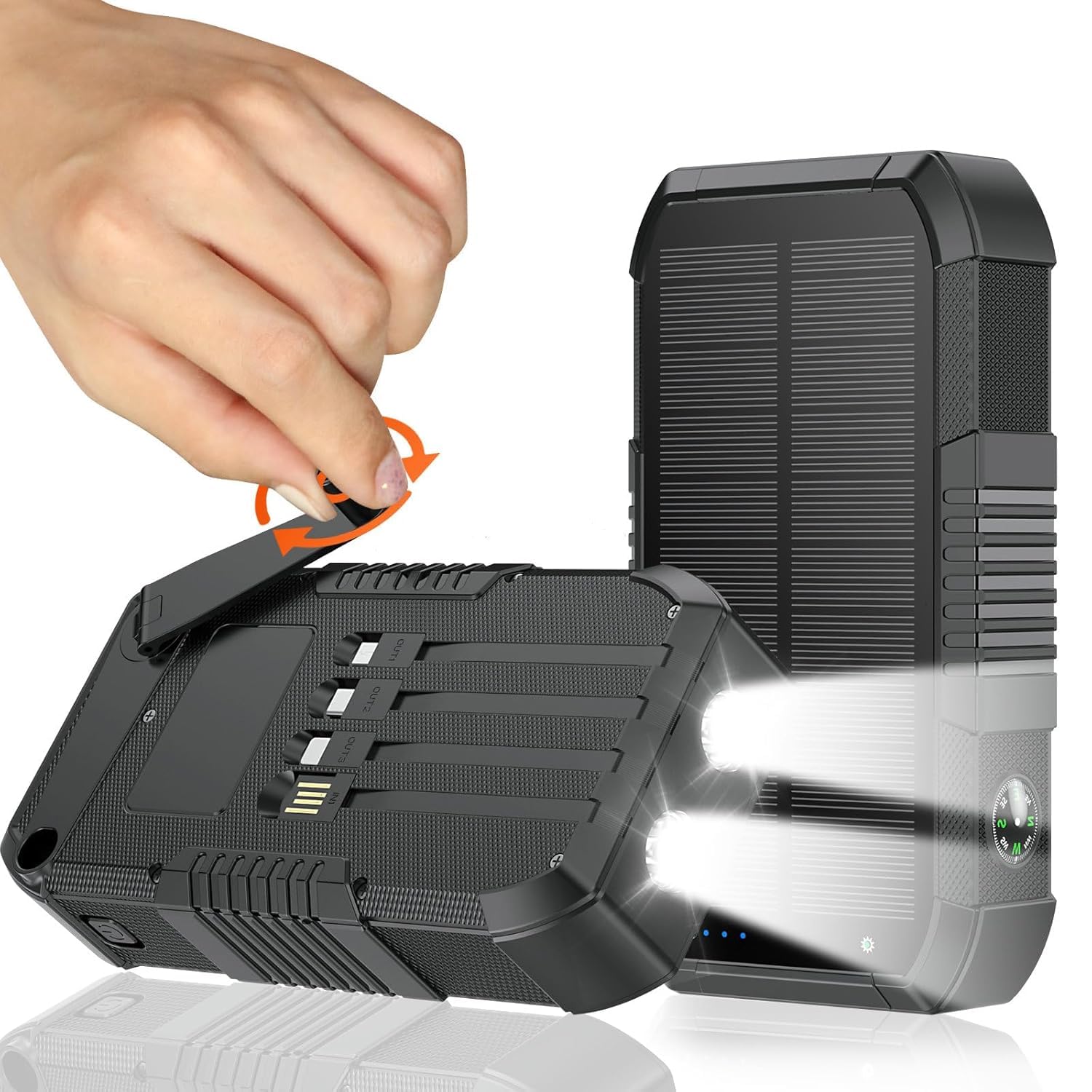 Solar Power Bank 66800mAh Built in Hand Crank and 4 Cables 22.5W Fast Charge,Camping Essentials/SOS/Strobe/Strong Flashlights,Compass Solar Portable Charger Power Bank (Black)-image-42