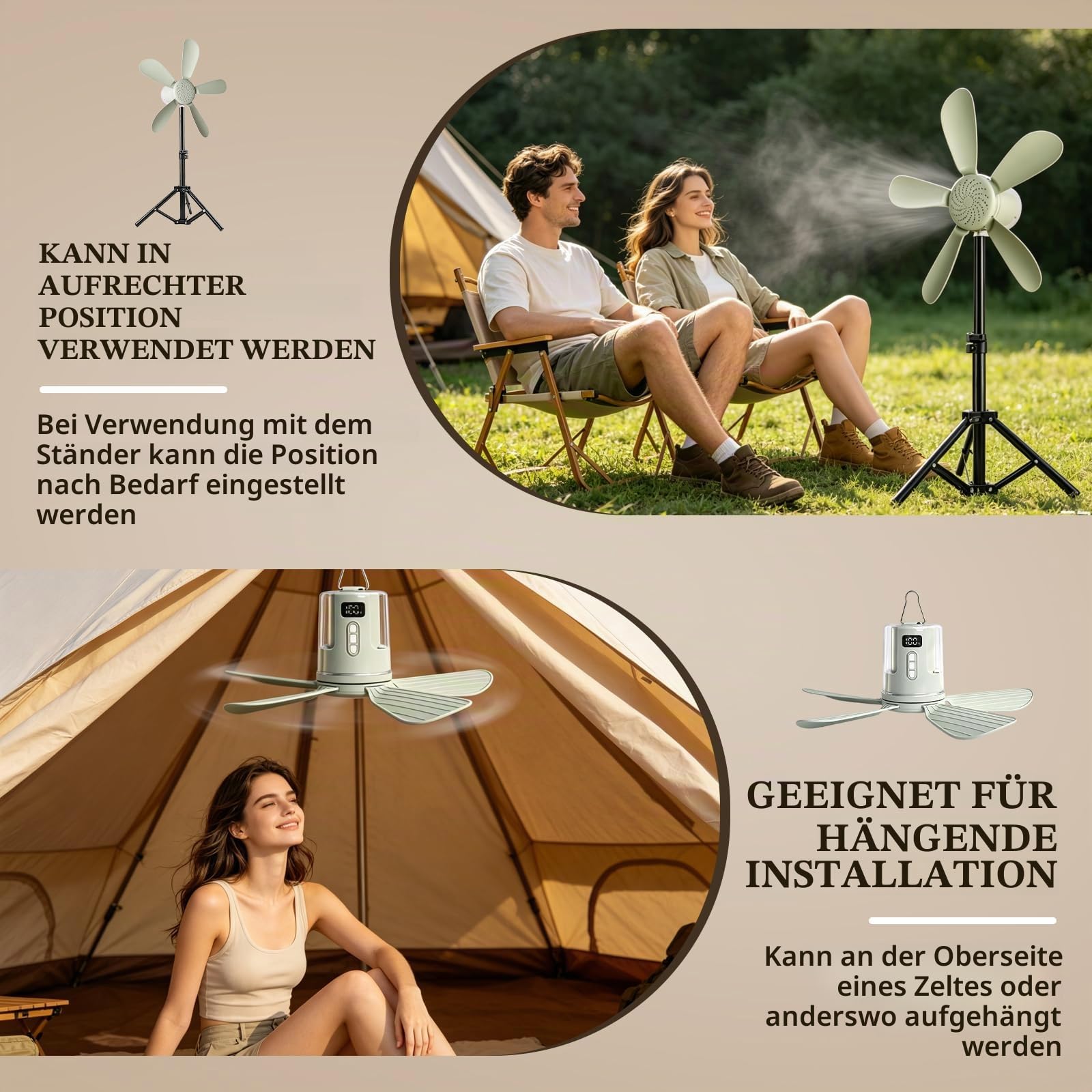 40cm Deckenventilator Akku, 12000mAh wiederaufladbarer Ventilator Lampe Decke mit Fernbedienung & LED Licht, 4 Windstufen und Zeitschaltuhr Leiser Deckenventilator für Hausgebrauch and Freien