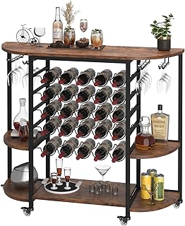 Dripex Wine Rack Table with Glass Holder, Floor Wine Bar Cabinet for Liquor and Glasses, Freestanding Home Bar Cart with Adjustable Feet, Swivel Wheels, Coffee Bar Cabinet L119.6 x W40 x H101cm