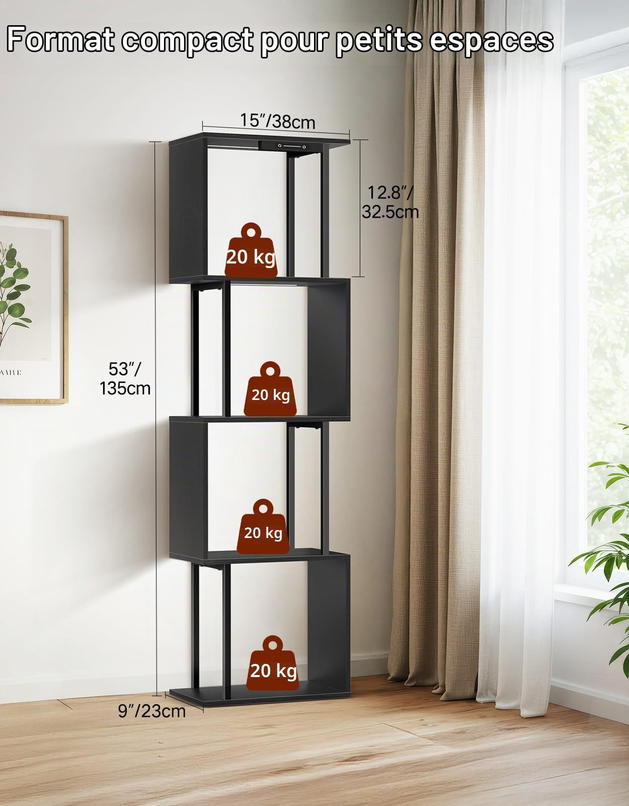 Bibliothèque Géométrique en S à 5 Niveaux avec Lumière LED, 3 Températures de Couleur, Commande Tactile et Télécommande, Étagère Ajustable pour Salon, Chambre ou Bureau