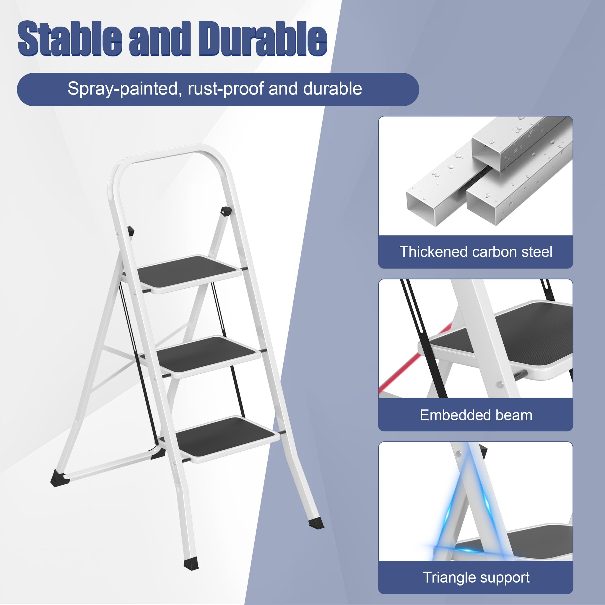 LARS360 Scala pieghevole a 3 livelli, in acciaio con gradini antiscivolo, portata 150 kg, pieghevole, per casa, cucina, ufficio, salvaspazio, solo 5 cm (nero + bianco)