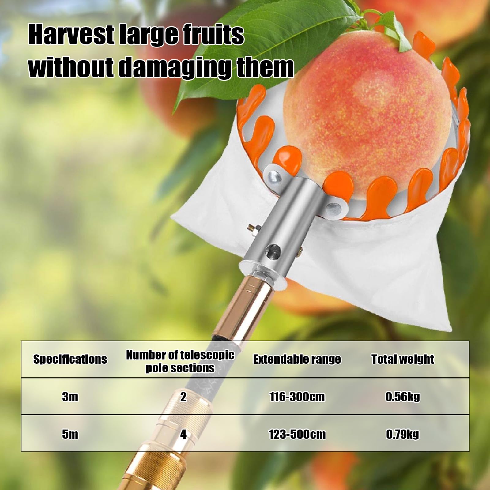 Raccogli Frutta Telescopico,Raccoglifrutta Regolabile in Altezza,Raccoglitore Frutta,Portatile,Regolabile in Altezza da Asta Telescopica,per la Raccolta di Mele,Fichi,Pere