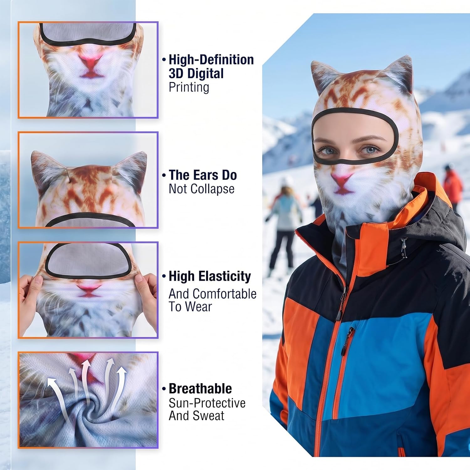 2 Pack Cat Ski Mask 3D Cat Balaclava Sheisty Face Mask with Ears Cute Animal Ski Masks Winter Outdoor Animal Hood Funny Silk Face Cover for Skiing Riding Raves Party Festivals Halloween Activities