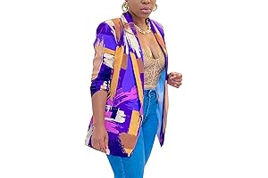 Long Sleeve Purple Multicolor Print Blazer Jacket for Women