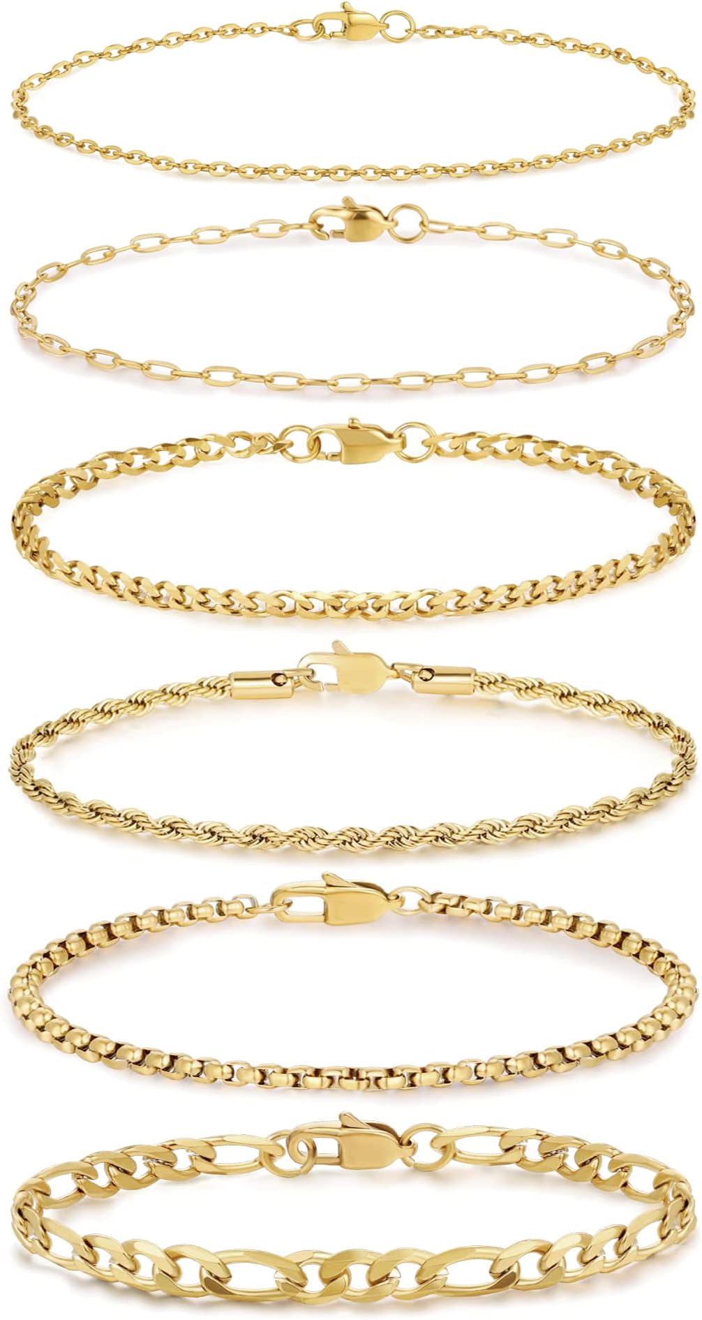 Honsny6PCS Stainless Steel Bracelets for Women Men,14K Gold Plated Cuban Link Paperclip Chain Bracelet Dainty 6.3/7/7.8/9.5 Inch Stainless Steel Bracelet Set Fashion Jewelry