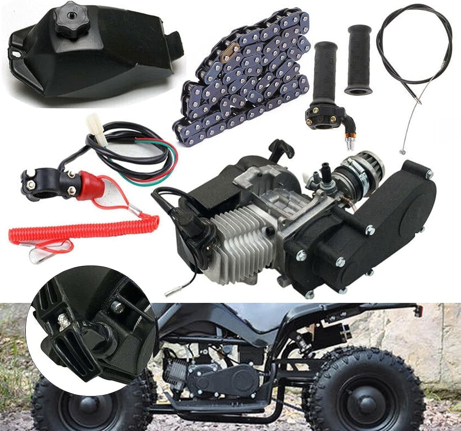 49CC 2-stroke Engine Motor Kit, Pull Start Mini Bike 49cc Engine Single Cylinder Engine Motor for Most Air Cooled 49cc Mini Pocket Bike Mini Dirt Bike ATV Scooter