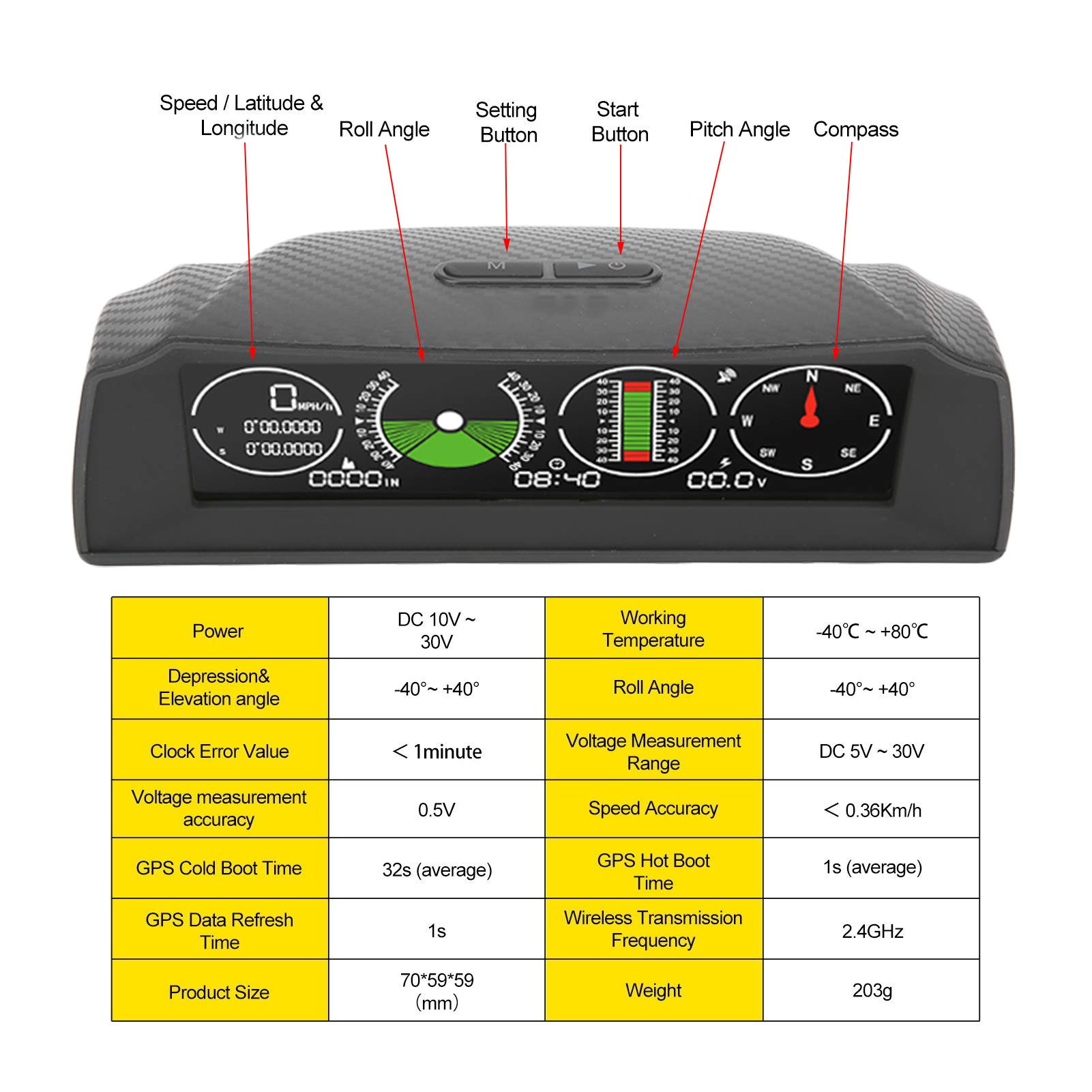 KIMISS Clinómetro para coche con GPS, medidor de pendiente y ángulo de inclinación, HUD multifunción, brújula y velocidad en km/h