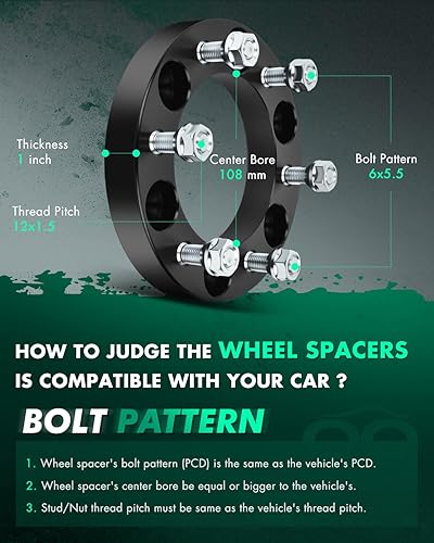 Miniatura 3 de SCITOO 4 espaciadores de rueda de 1 pulgada, 6 x 5.5 de diámetro de 4.252 in, pernos de 12 x 1.5 y 6 lengüetas, adaptadores para Toyota para Tacoma
