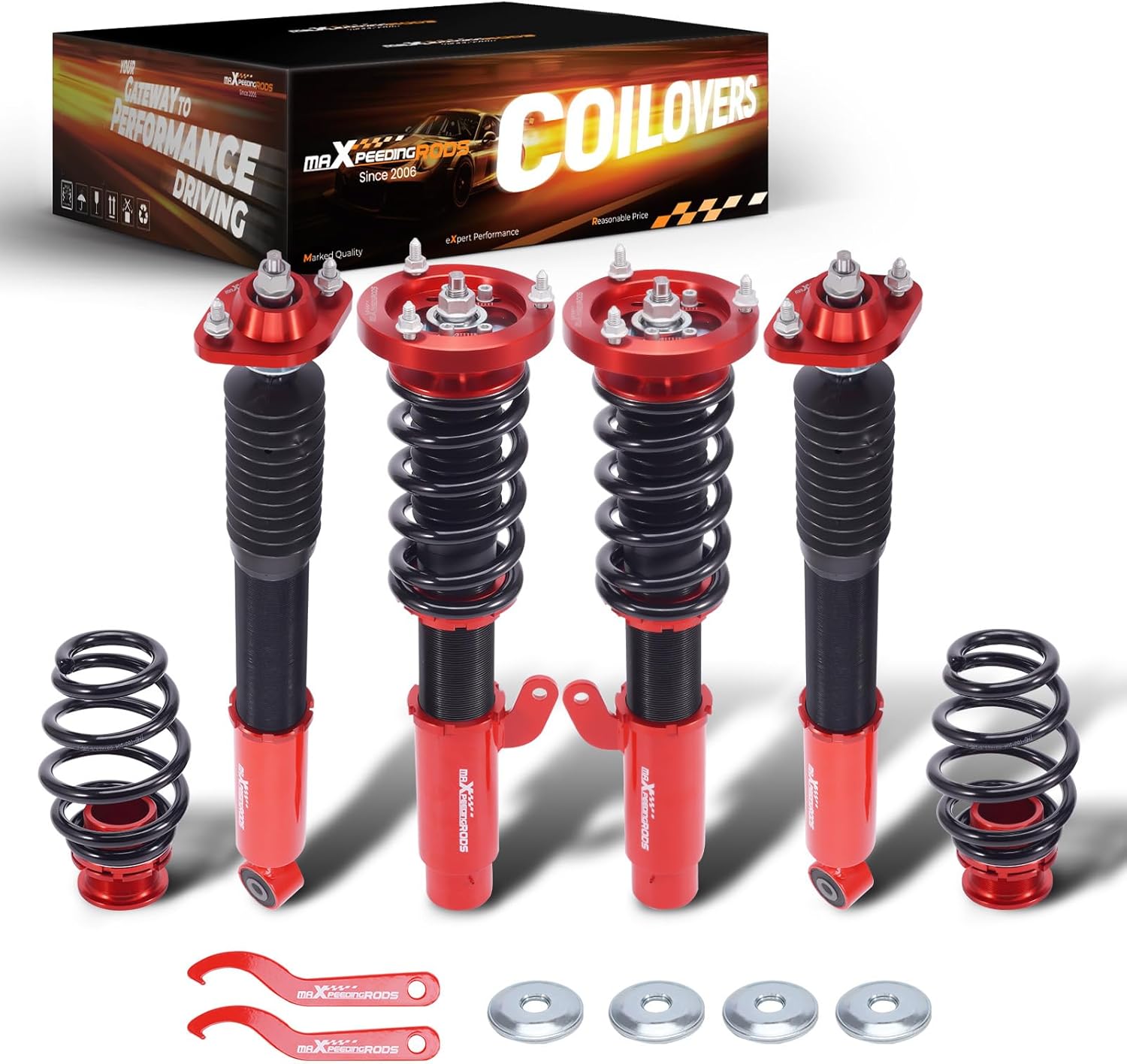 maXpeedingrods Coilovers for BMW E46 1998-2007 318i, 330i, 325i, 328i, 318d, 320d, 320i, 325i, 330d, Height Adjustable Coilovers Suspension Kit, Preset Damping Shock Absorber Lowering Kit Red