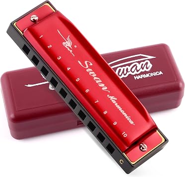 SWAN Blues Harmonica Key of C Mouth Organ Diatonic Harmonica with Case، 10 Hole 20 Tones Stainless Blues Harp for Adults، BeginnersBurgundy Red