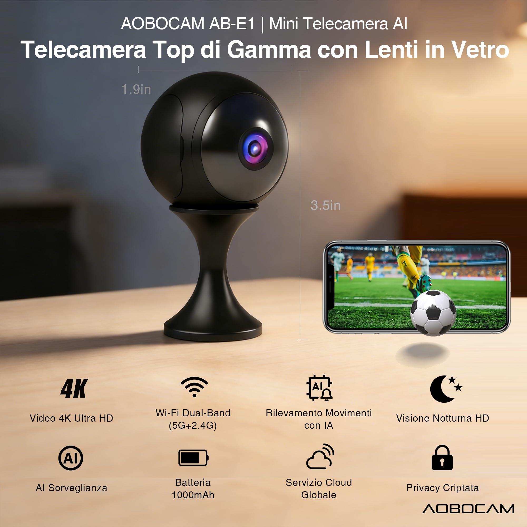 Mini Telecamera WiFi Interna 4K, Supporta WiFi 2.4/5GHz, Piccolo Telecamera di Sicurezza per Visione Notturna, 4 Ore Autonomia, Notifiche Movimento, Doppia Memoria SD/Cloud, Controllo Remoto APP